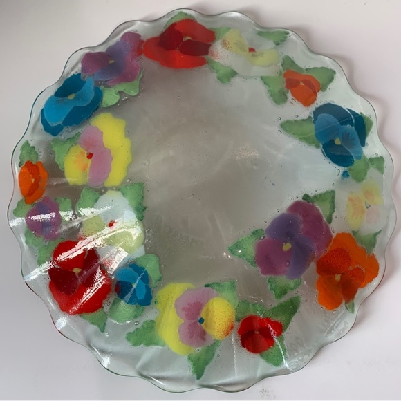 Andra DuRee Signed Fused Glass Dish Plate & Ruffled Bowl Floral Serving Set 1999 - Picture 9 of 13
